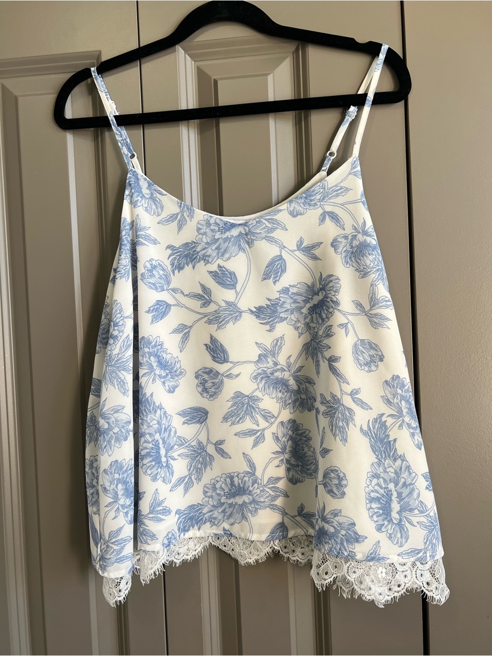 HYFVE White Cami with Light Blue Floral Print and Lace Trim